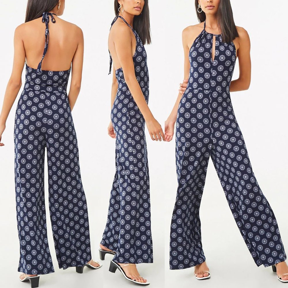 NEW Navy Blue Medallion Halter Palazzo Jumpsuit - Picture 2 of 8